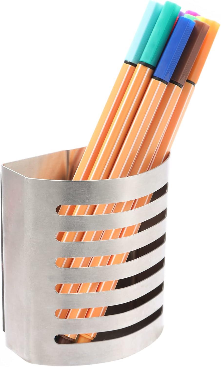 Magnetic Modern Pen and Pencil Holder, Metal Writing Utensil Storage Organizer for Kitchen, Locker, Home, or Office, 3.25" x 1.75" x 3.50", Brushed Stainless Steel