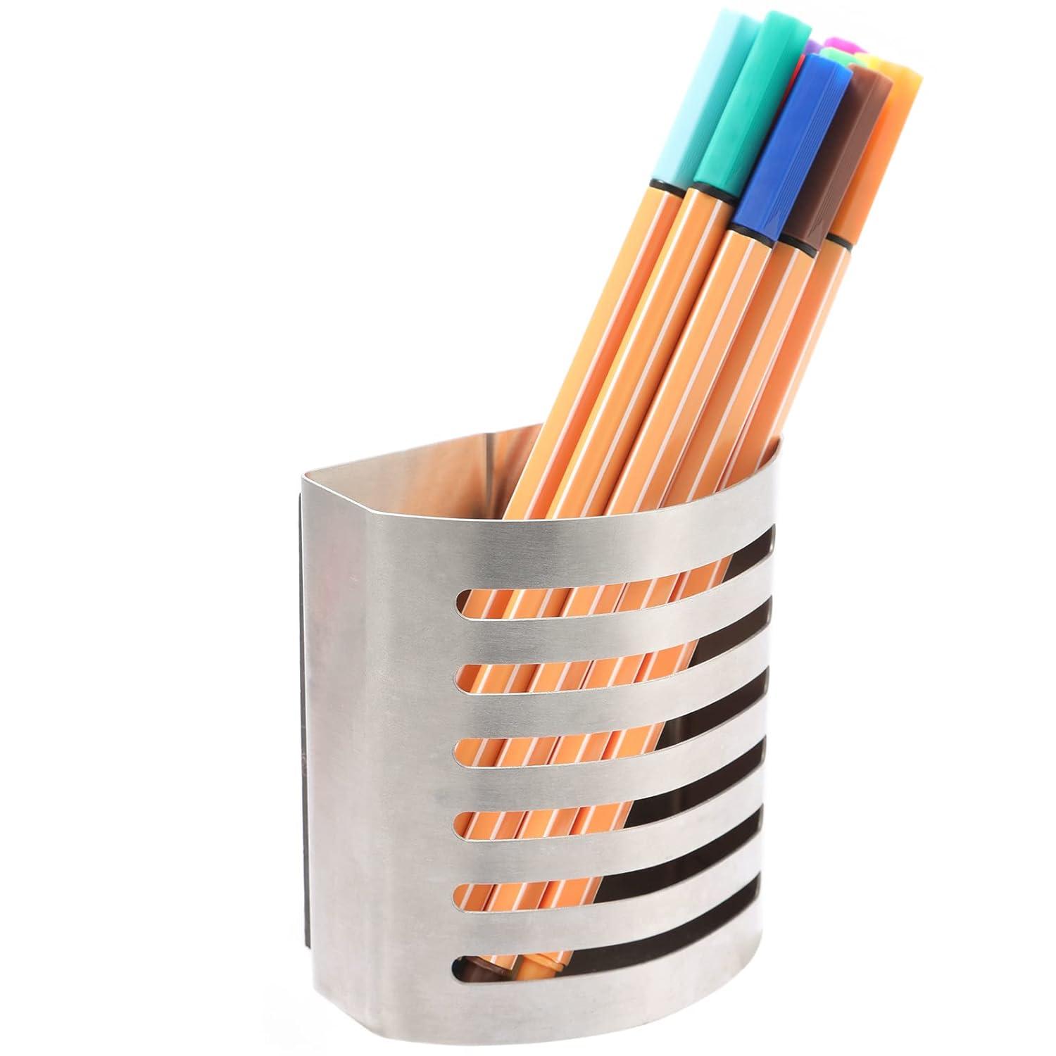 Magnetic Modern Pen and Pencil Holder, Metal Writing Utensil Storage Organizer for Kitchen, Locker, Home, or Office, 3.25" x 1.75" x 3.50", Brushed Stainless Steel