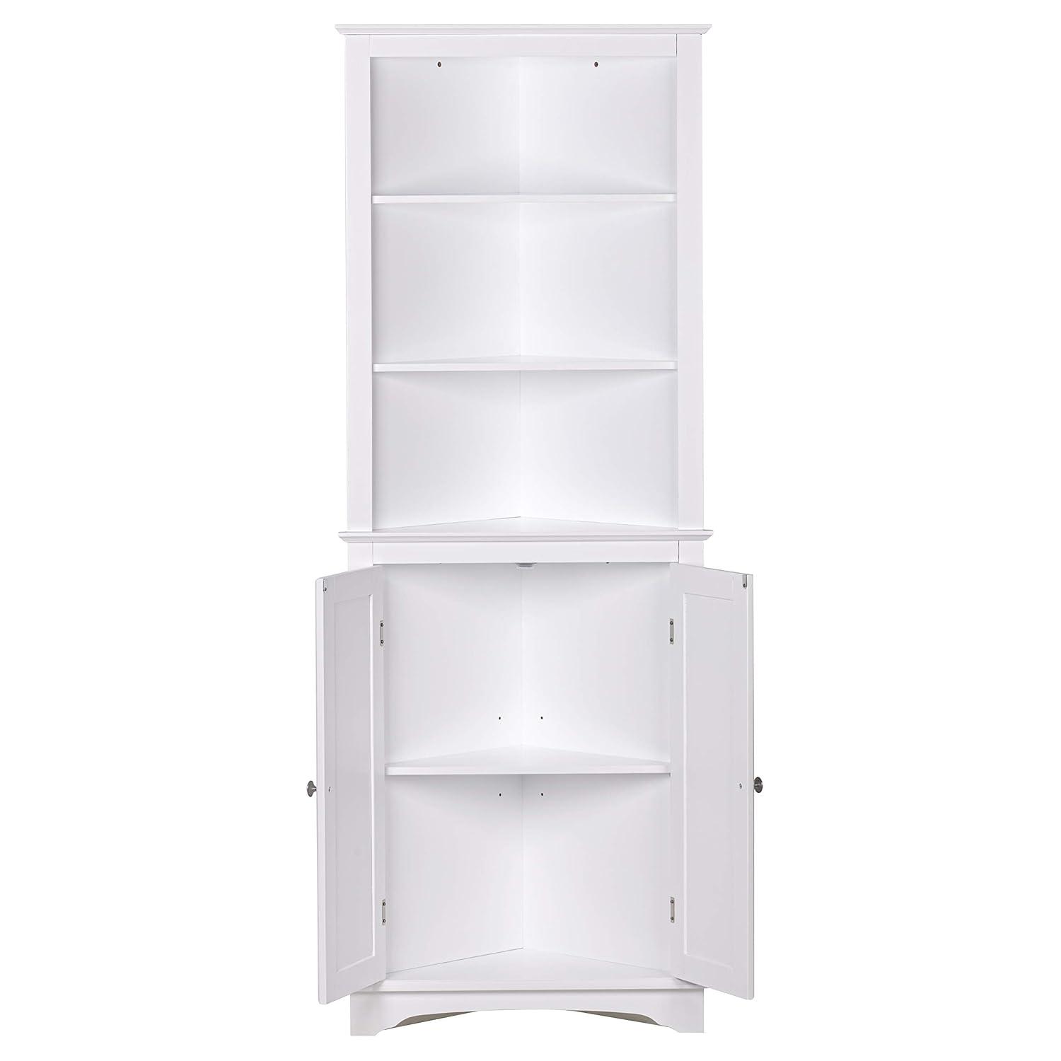 Tall White Lockable Corner Cabinet with Adjustable Shelving