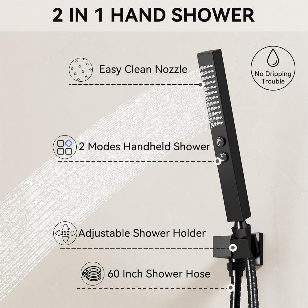 Revitalize 3-Function 12 Inch Wall Mount Rainfall Thermostatic Shower System with 6 Body Jets