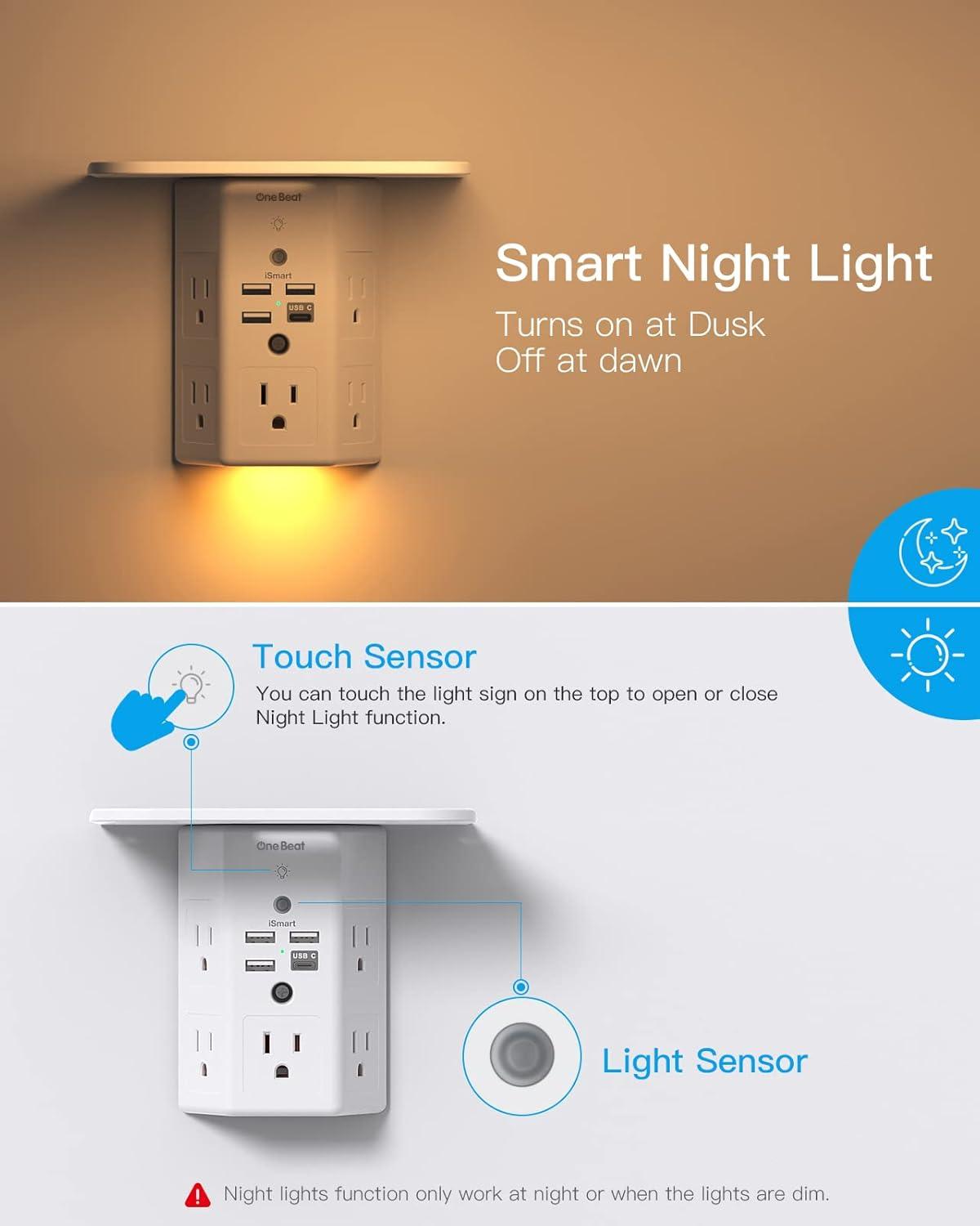 Multi Plug Outlets, Wall Outlet Extender with Night Light and Outlet Shelf, Surge Protector 4 USB Ports(1 USB C), USB Wall Charger Power Strip Electric Outlet Splitter for Home Office White