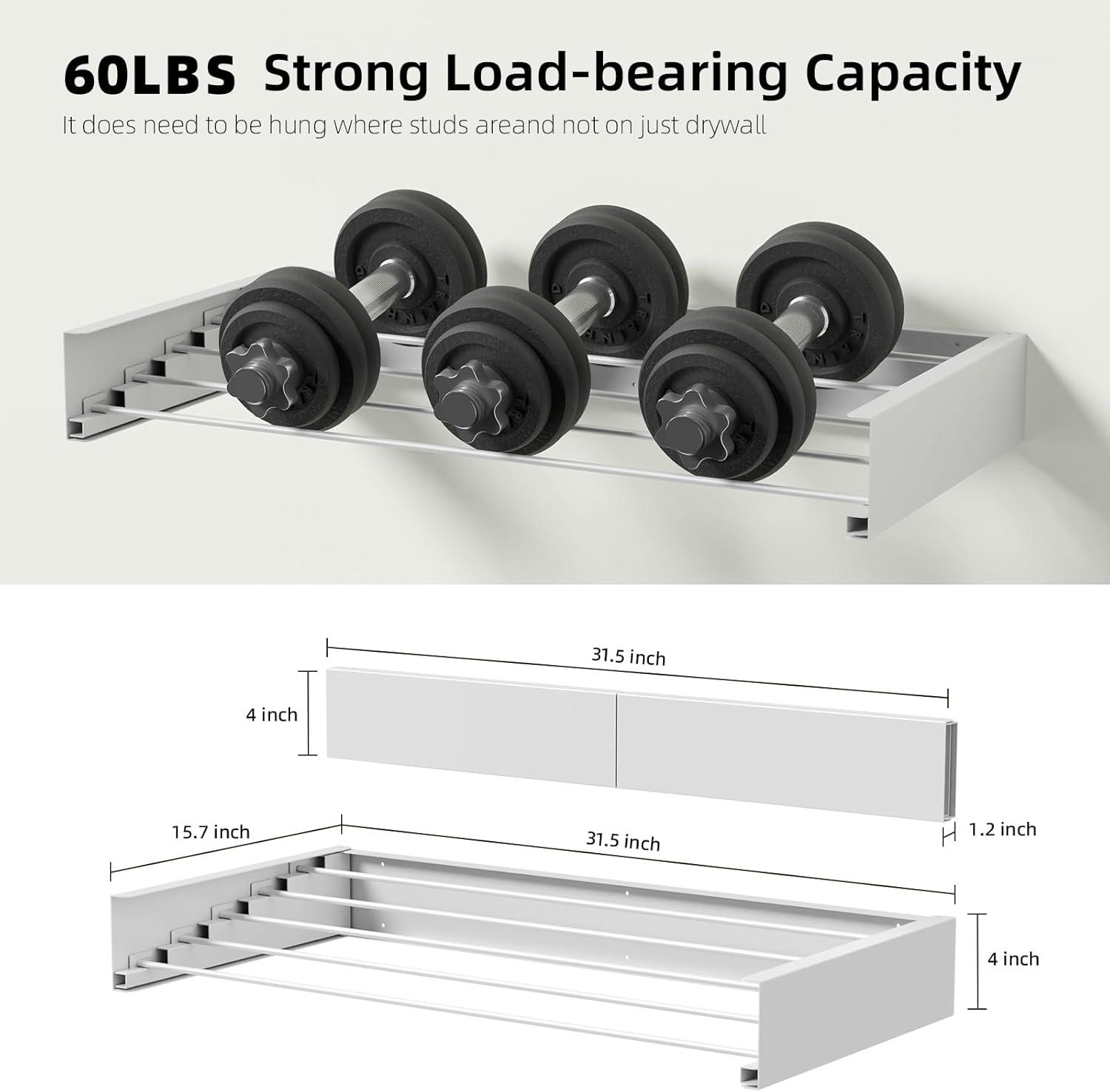 Laundry Drying Rack Wall Mounted Clothes Drying Rack Collapsible 31.5" Wide with 13.2 Linear Ft and 5 Aluminum Rods Drilling Template Long Screwdriver Bit 60 lbs Capacity White