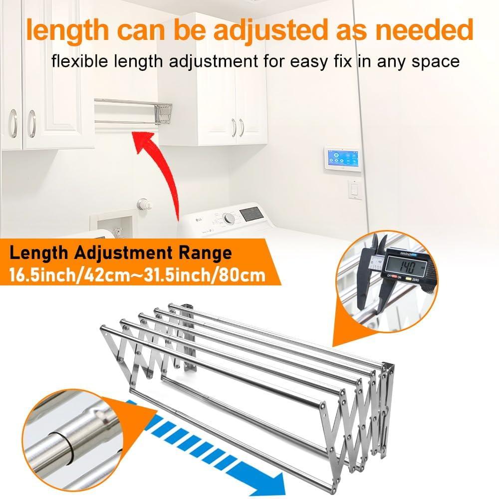 Wall Mounted Laundry Clothes Drying Rack Clothing Retractable Accordion Wall Hanger Collapsible Hanging Towel Holder For Laundry Bathroom(17-32Inch Variable Enhanced,Adjustable Length)