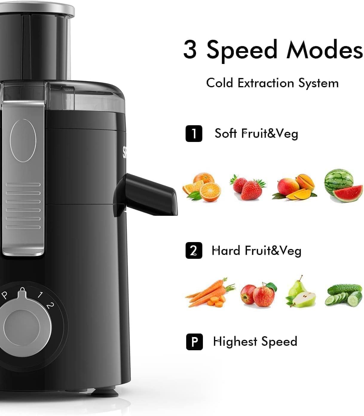 SiFENE 350W Centrifugal Juicer Machine, 2.5" Wide Chute, 3 Speed Setting, Compact Design, Easy to Clean, Black