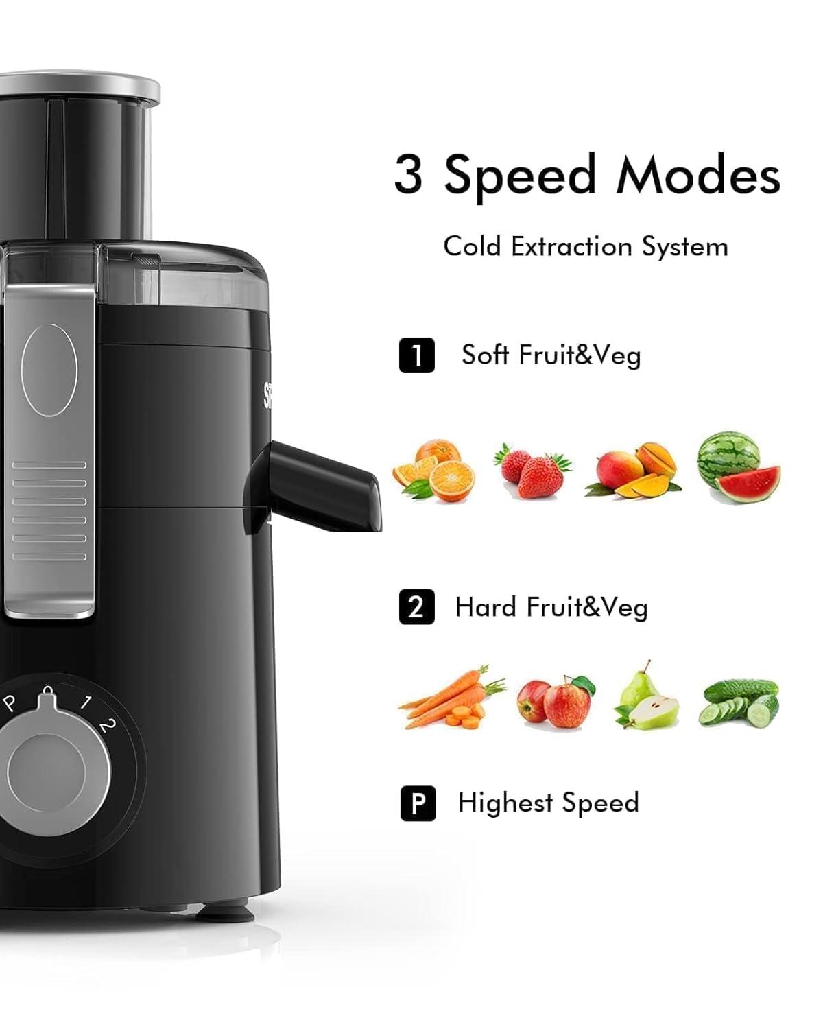 SiFENE 350W Centrifugal Juicer Machine, 2.5" Wide Chute, 3 Speed Setting, Compact Design, Easy to Clean, Black