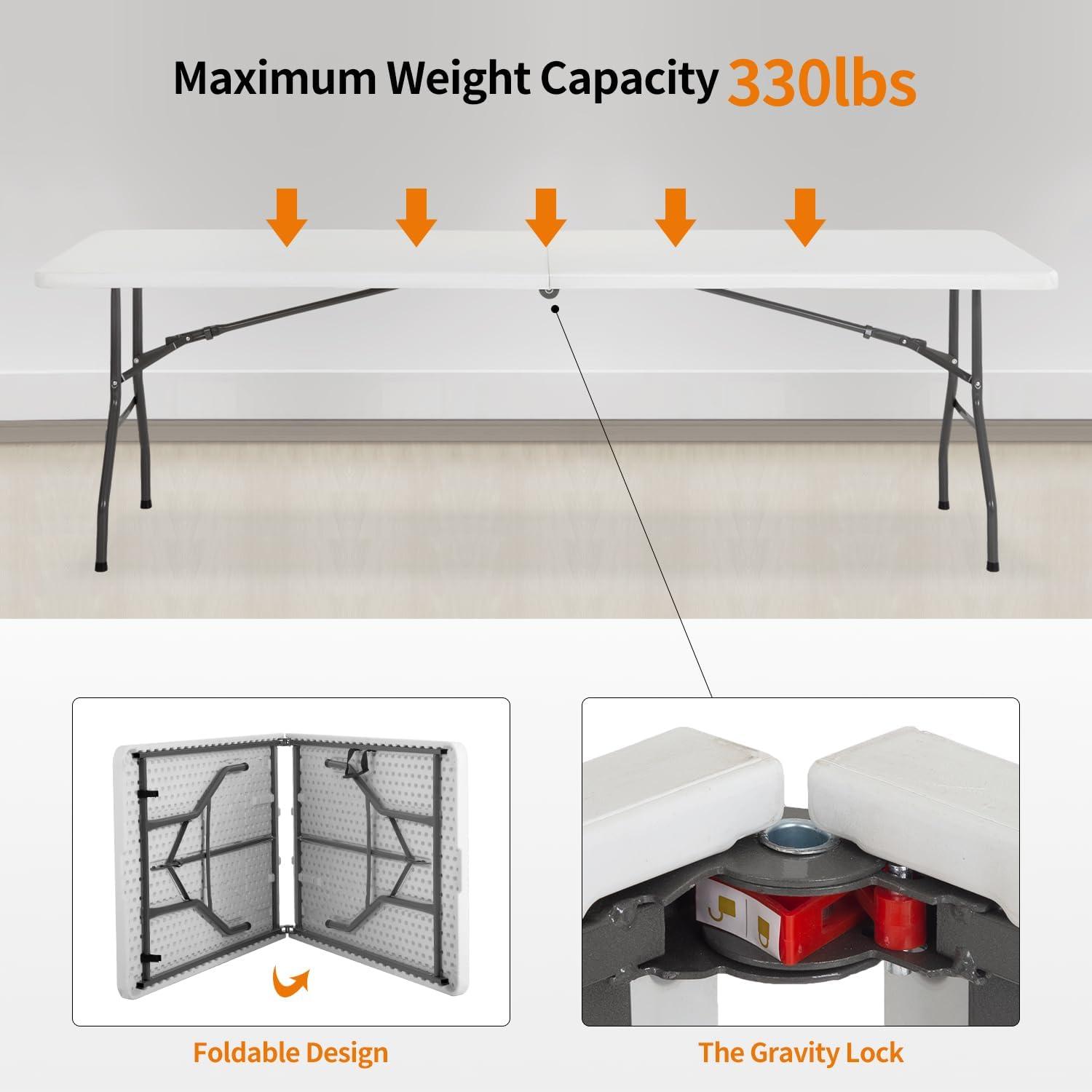 8ft White Folding Plastic Table with Steel Legs and Handle