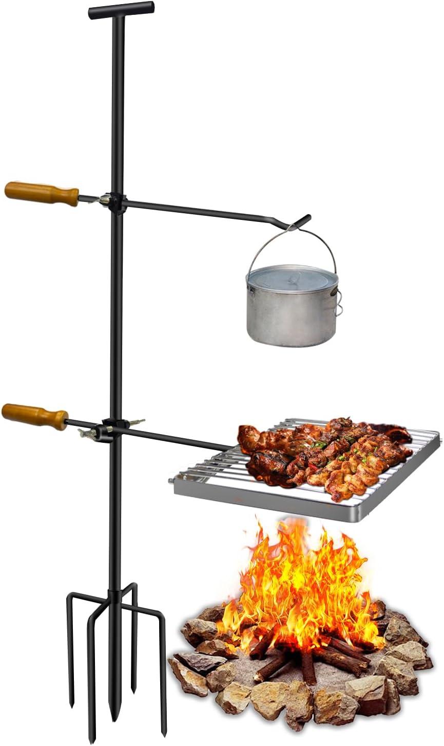 Black Steel Swivel Campfire Grill with Wooden Handles