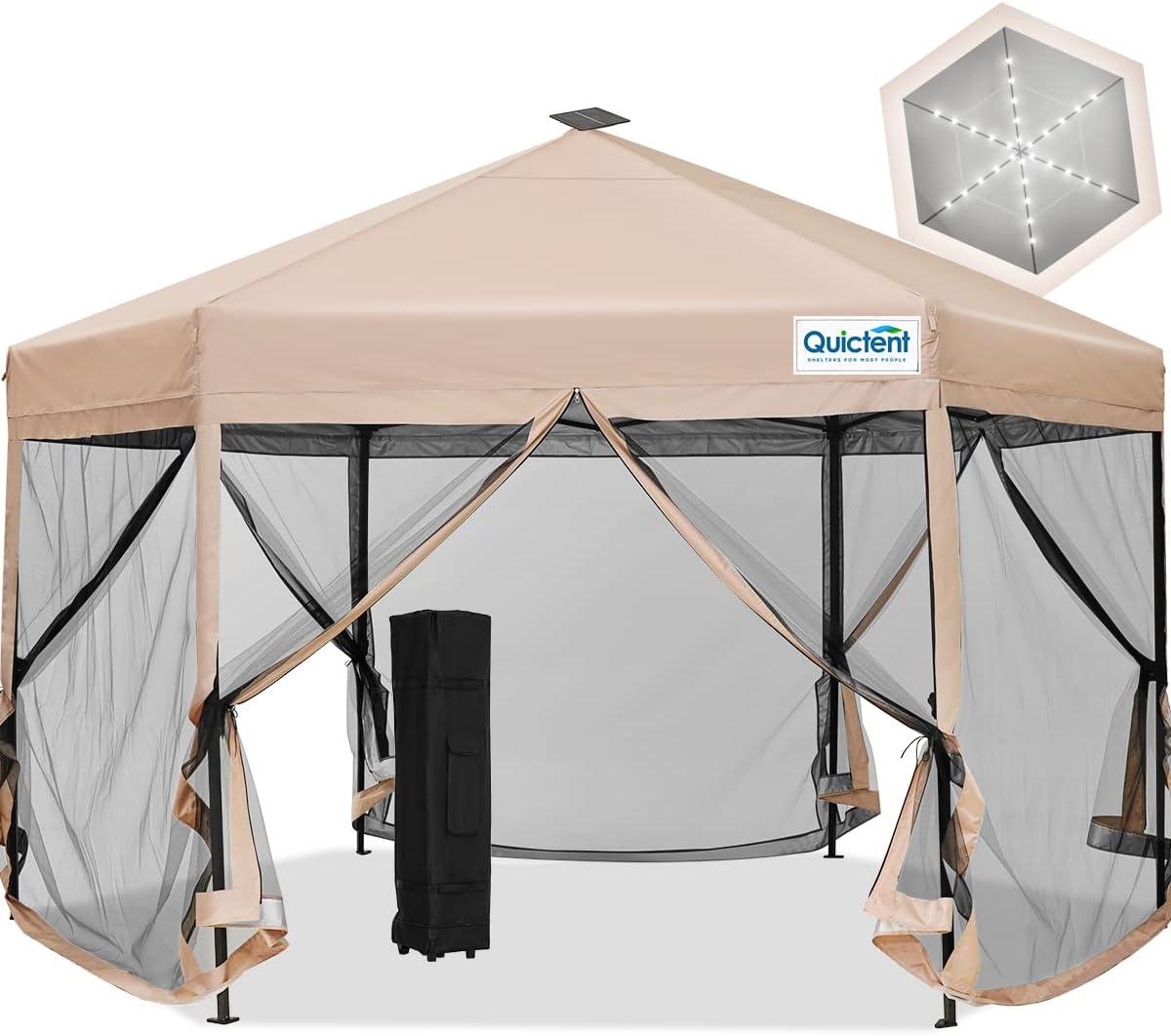 Quictent 13’ X 13’ Hexagonal Gazebo Pop up Canopy Tent with Mosquito Net ,Easy up Screened Canopy Gazebo, Beige