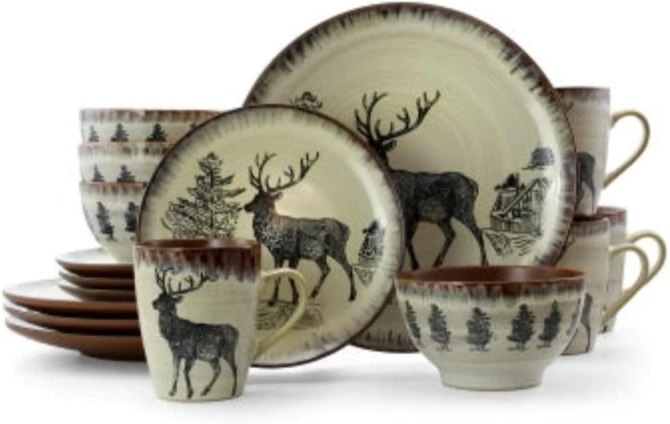 Elama Majestic Elk 16 Piece Round Stoneware Dinnerware Set in Taupe