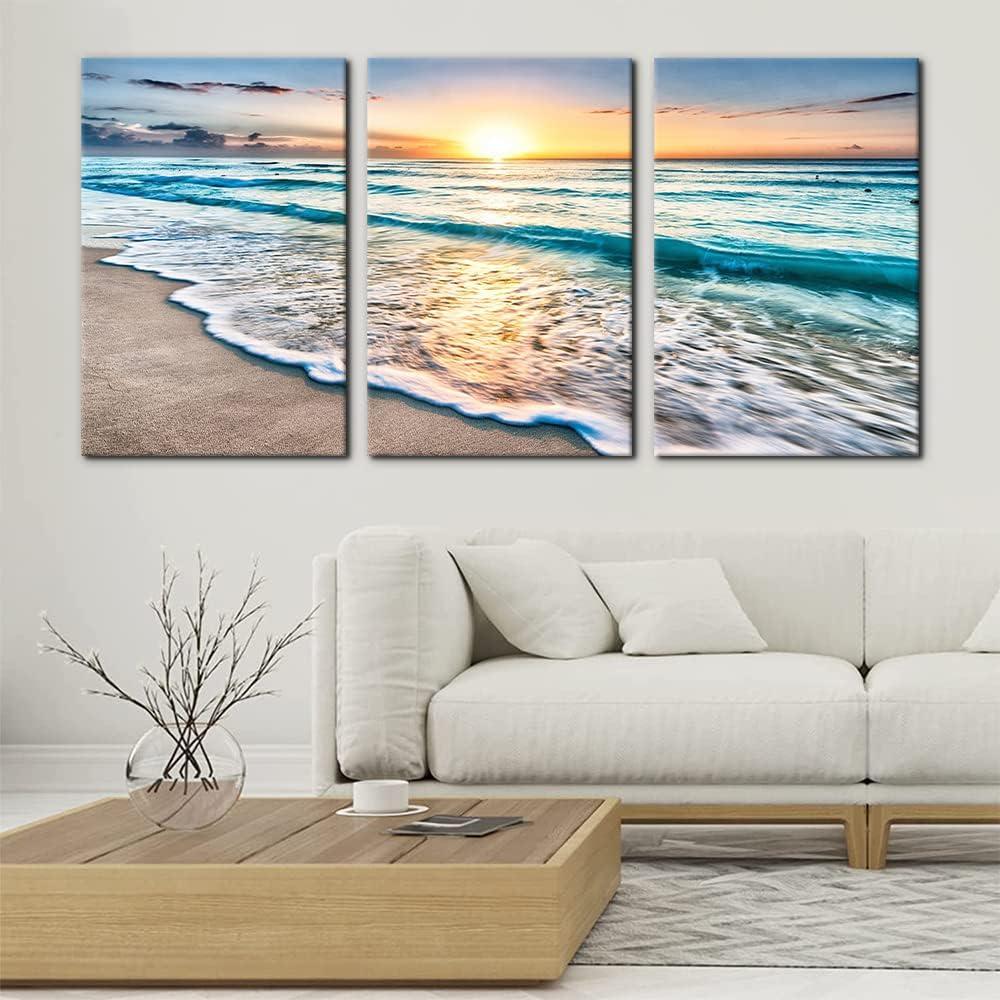 Asdg12s-3 Panel Wall Art Blue Sea Sunset White Beach Painting The Picture Print On Canvas Seascape The Pictures for Home Decor Decoration,Ready to Hang