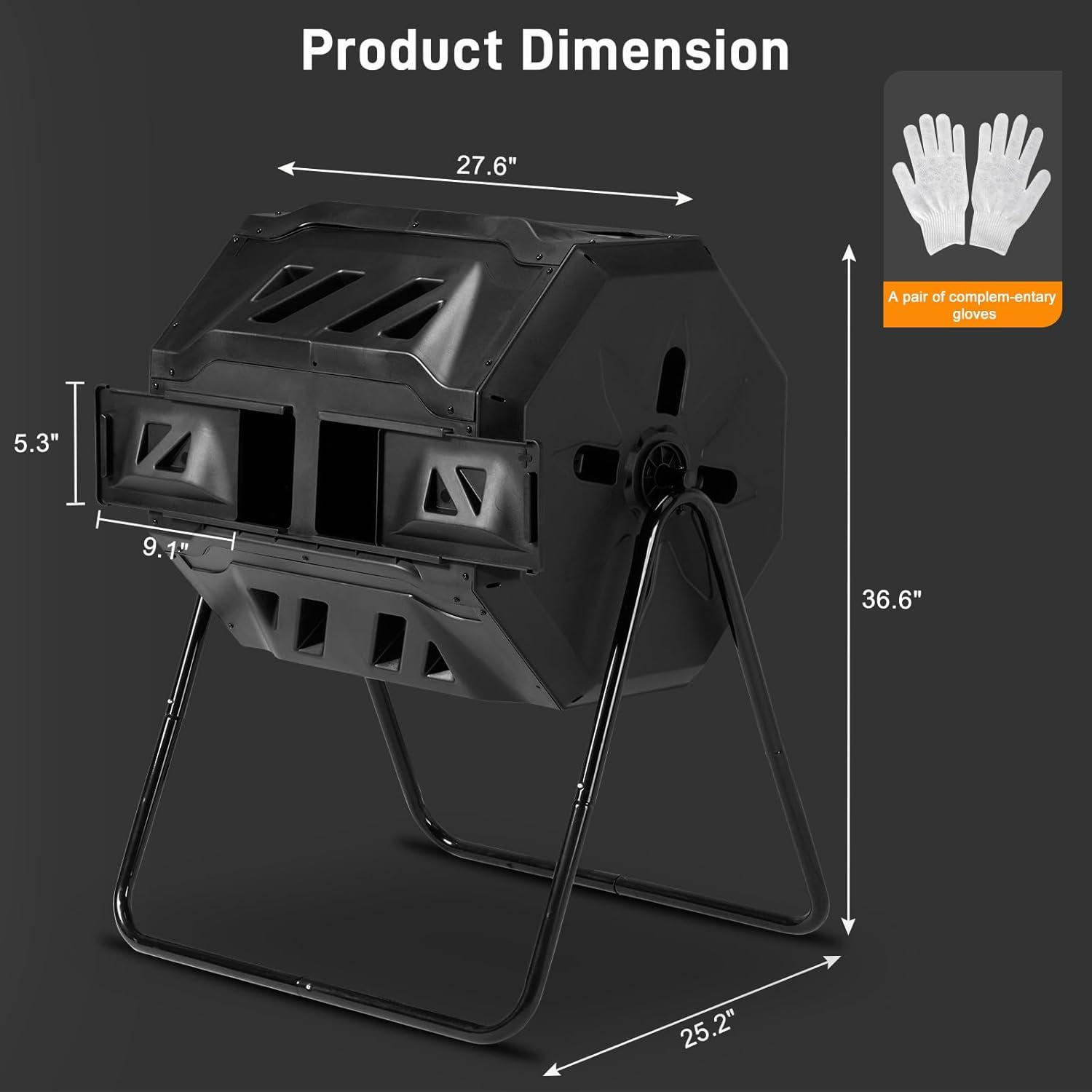 Pure Garden Compost Tumbler - 43Gal Compost Bin with Dual Chambers, 360-Degree Rotating Design, and Garden Gloves Included - Homesteading Supplies