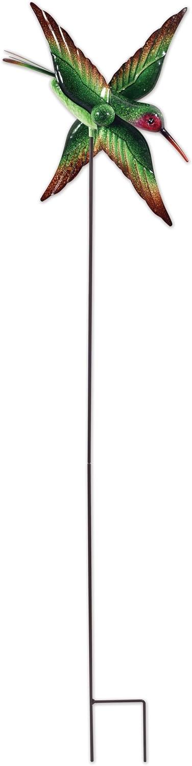 Green Metal Hummingbird Garden Wind Spinner Stake, 36.5-Inch