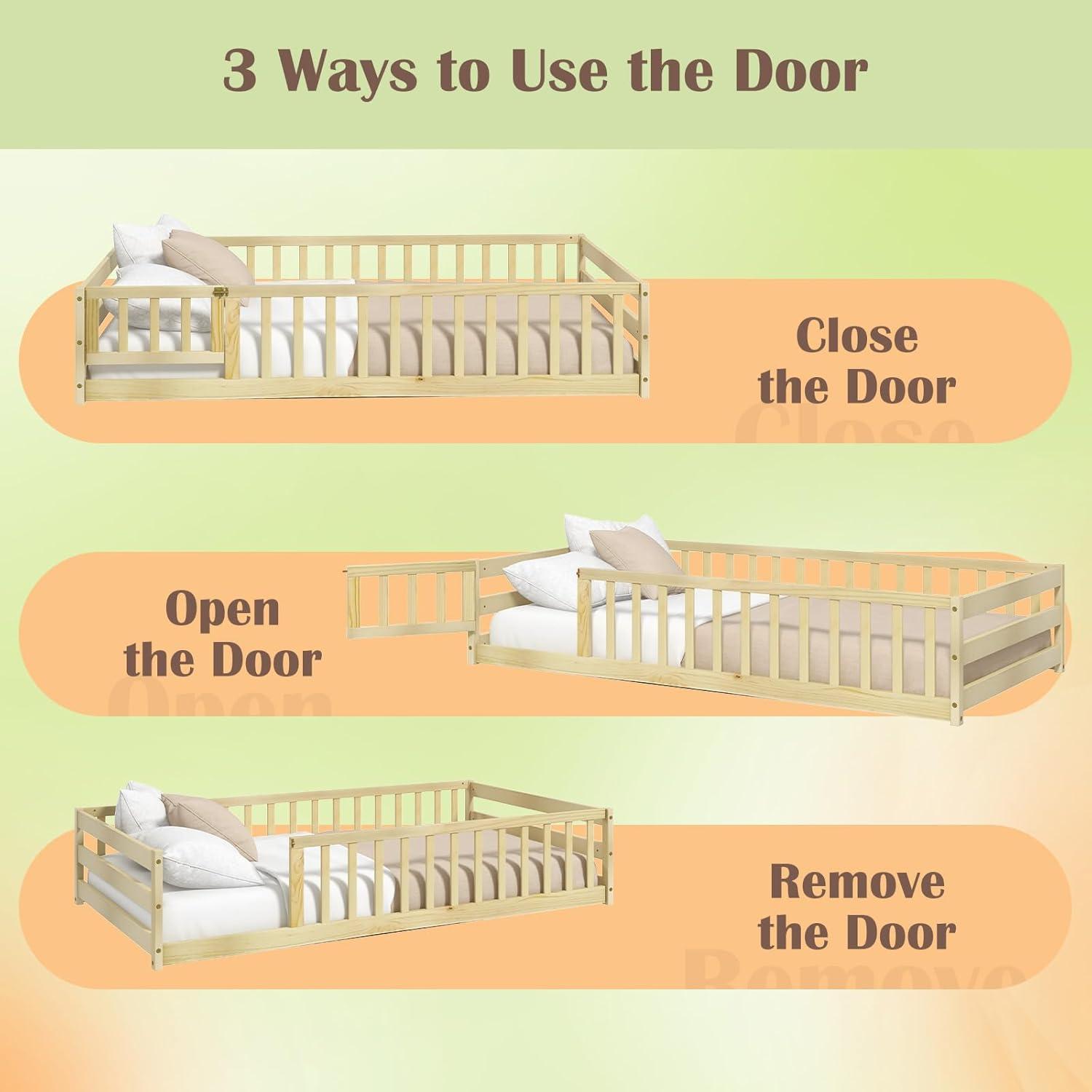 Giantex Twin Floor Bed with Door & Fence, Kids Wood Montessori Beds with Safety Guardrails, Floor Bed Twin for Kids, Boys, Girls, No Box Spring Needed, Natural