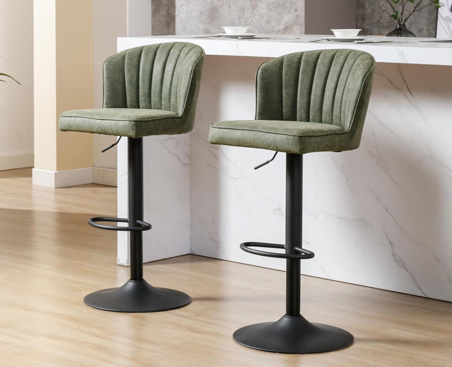 Green Faux Leather Adjustable Swivel Bar Stools with Iron Base, Set of 2