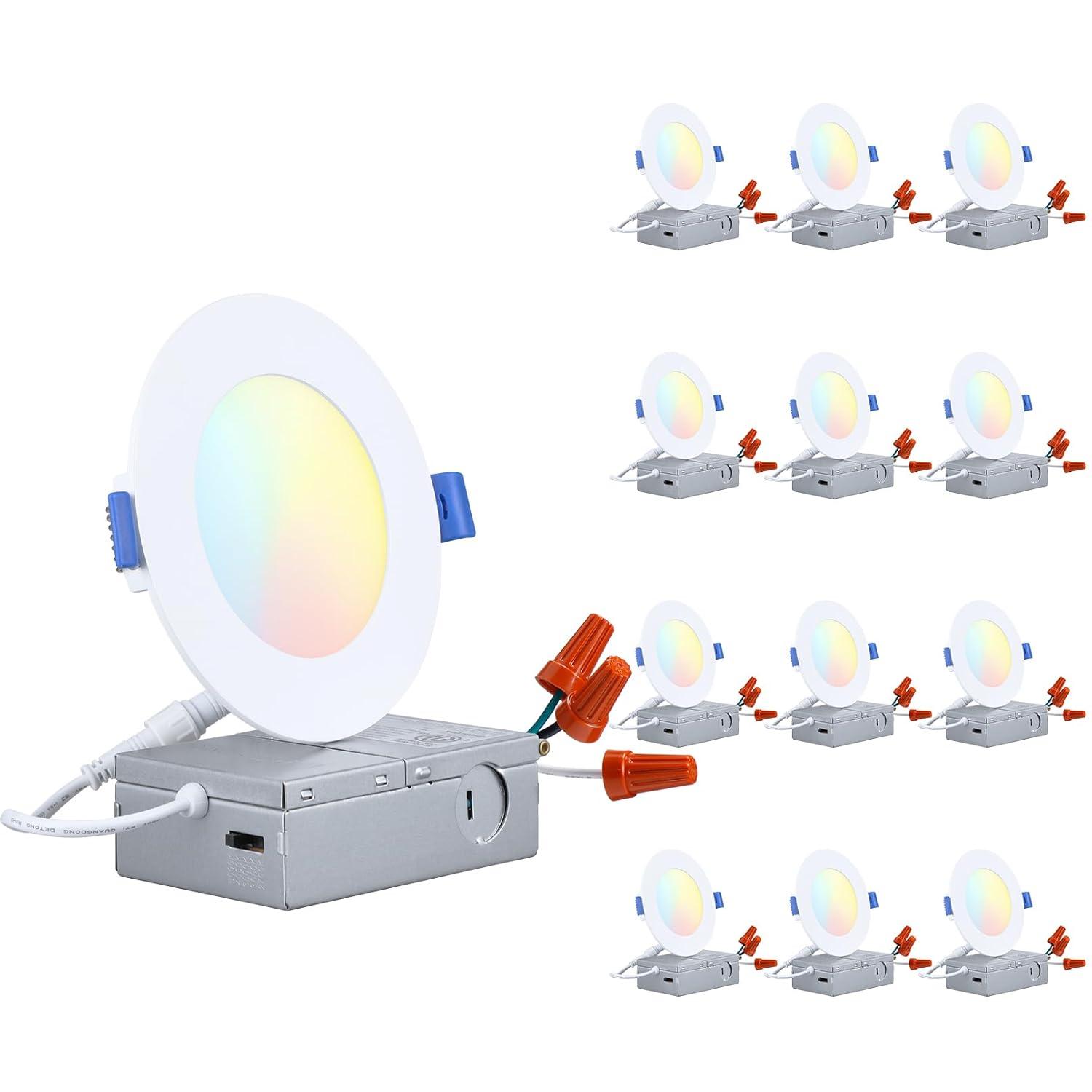 TORCHSTAR 12 Pack 4" 5CCT Dimmable LED Recessed Light with J-Box, 2700K/3000K/3500K/4000K/5000K Selectable, 10W LED Downlight, Aluminum, High Brightness, ETL & Energy Star
