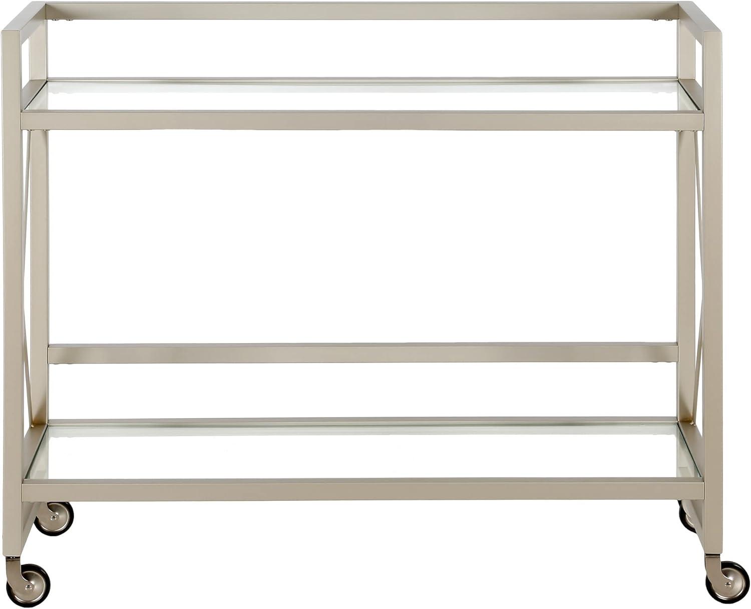 Contemporary Satin Nickel Rolling Bar Cart with Glass Shelves