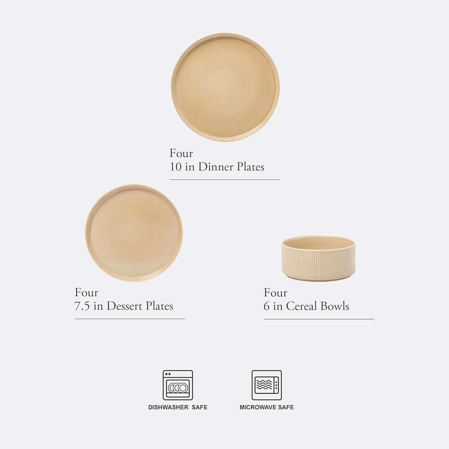 Gibson Elite Solana Coast 12 Piece Stoneware Reactive Glaze (Service for 4) Ceramic Plates and Bowls Modern Shape Embossed Dinnerware Set - Orange