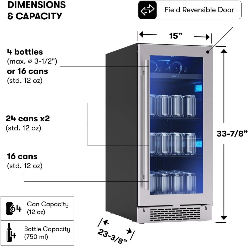 Brisas 15 in. 4-Bottle and 64-Can Single Zone Beverage Cooler in Stainless Steel