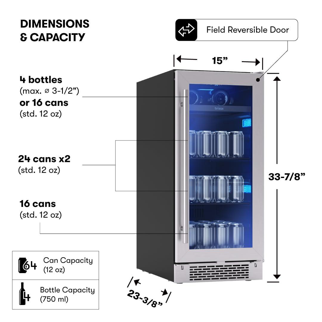 Brisas 15 in. 4-Bottle and 64-Can Single Zone Beverage Cooler in Stainless Steel