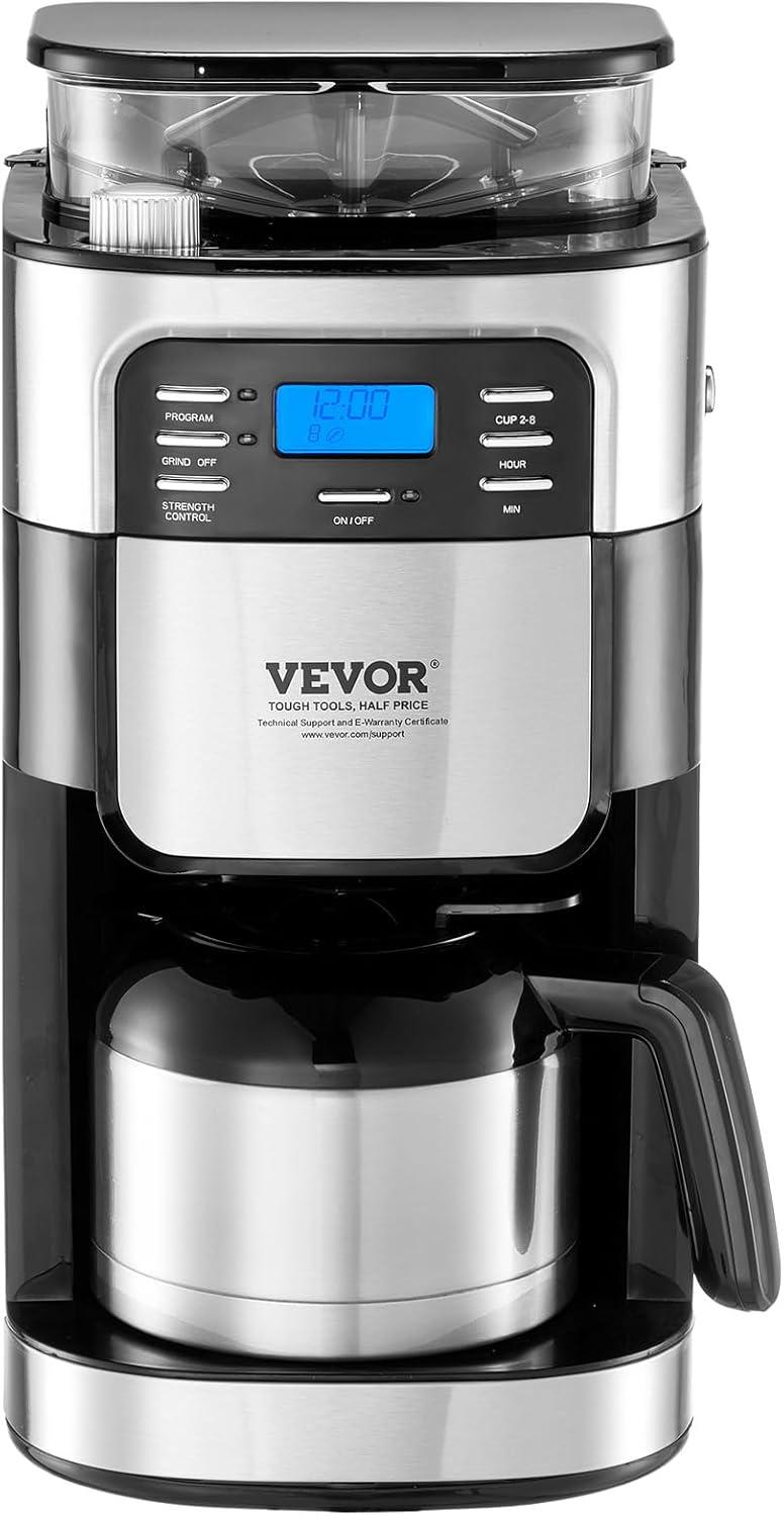 Grind and Brew Coffee Maker Machine, 8 Cup Capacity with 3 Brew Strength Options, Built in Timer for Auto Morning Brew, Ideal for Office Home Cafe, Black