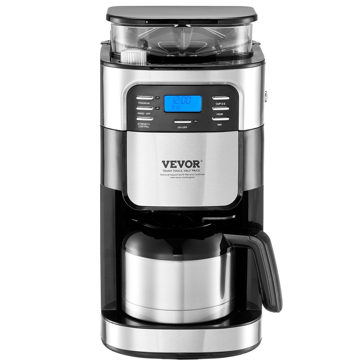Grind and Brew Coffee Maker Machine, 8 Cup Capacity with 3 Brew Strength Options, Built in Timer for Auto Morning Brew, Ideal for Office Home Cafe, Black