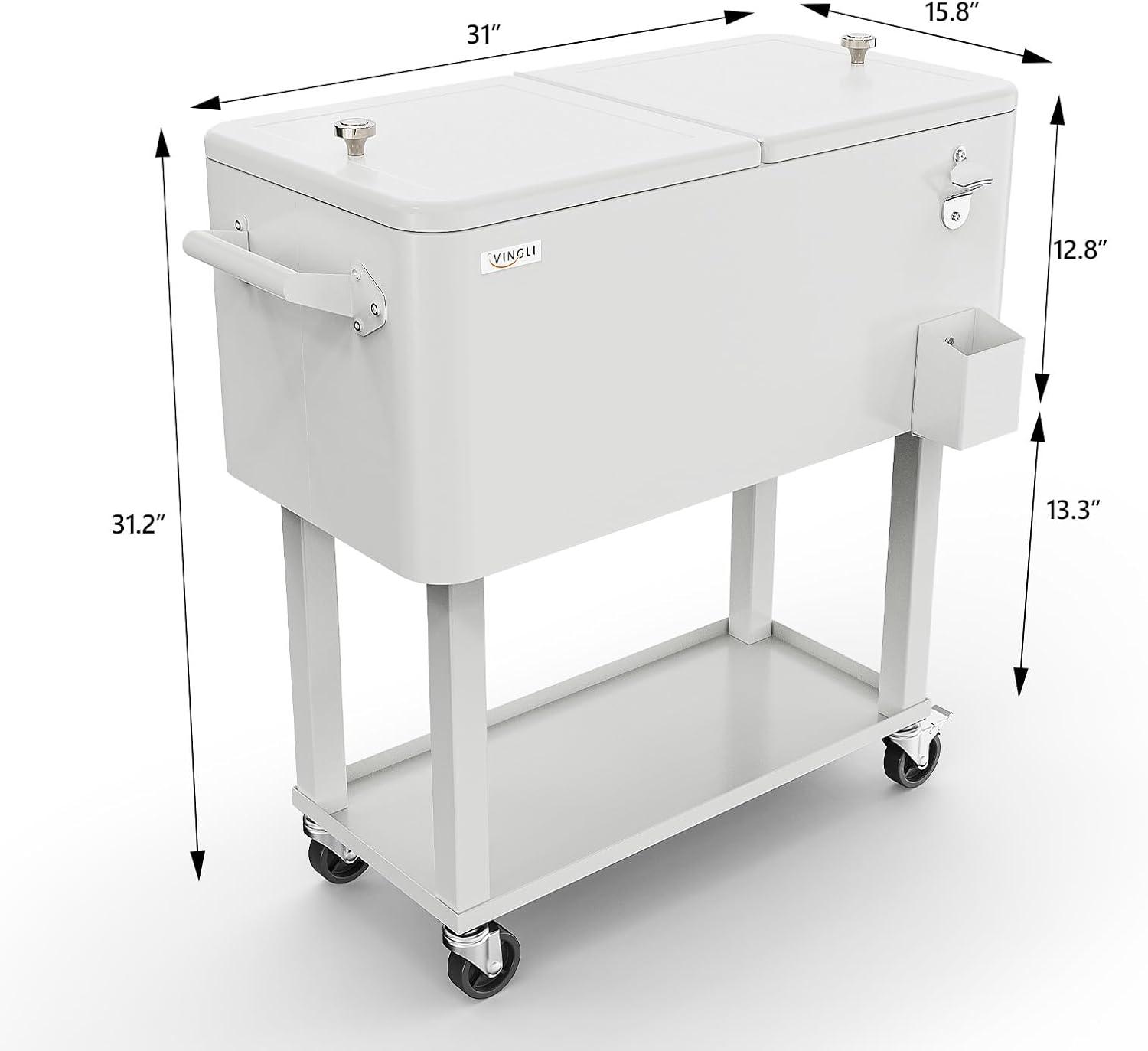 White Iron Rolling Cooler Cart with Shelf and Bottle Opener