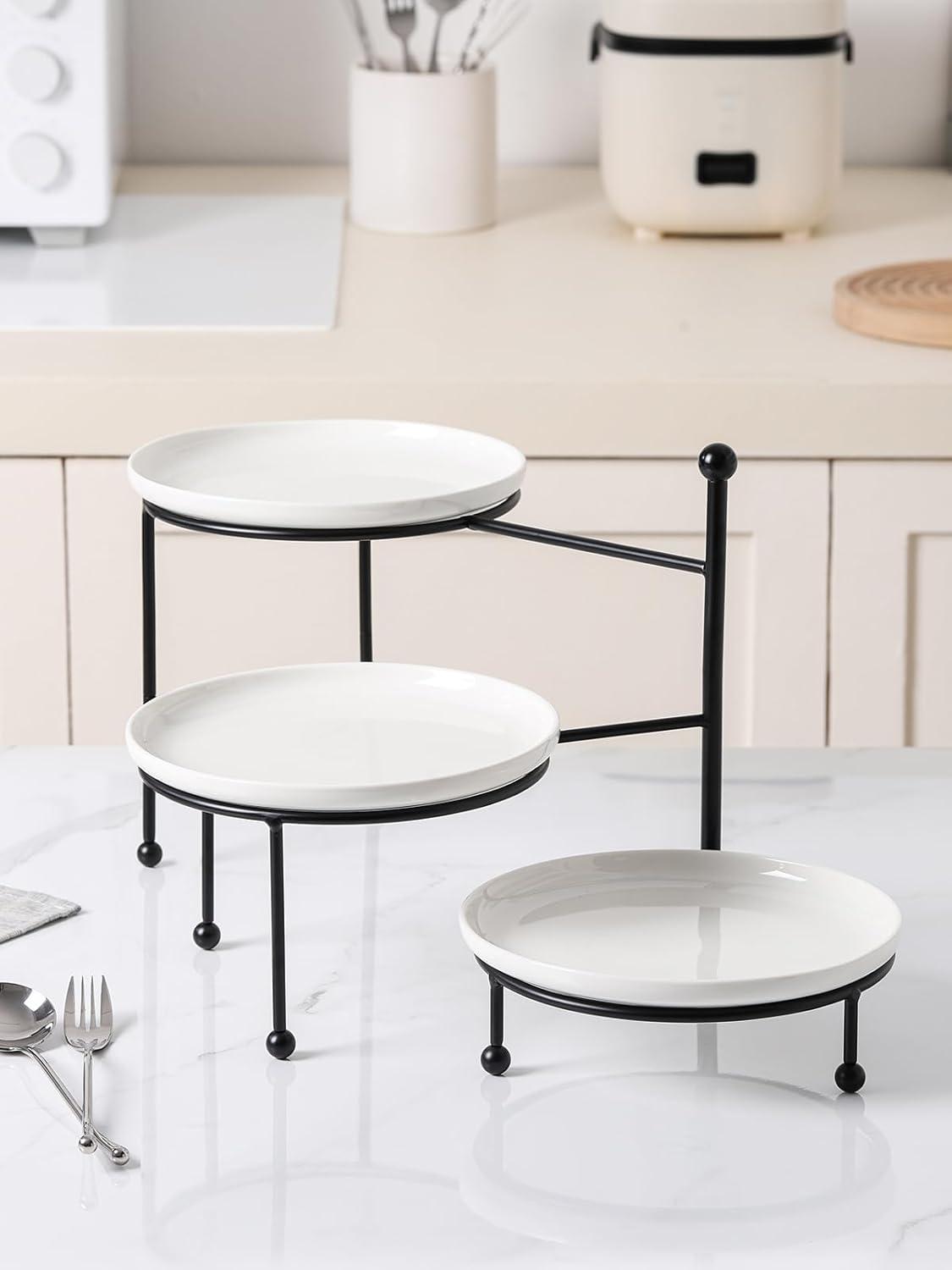 White Ceramic 3-Tier Round Serving Stand with Black Metal Frame