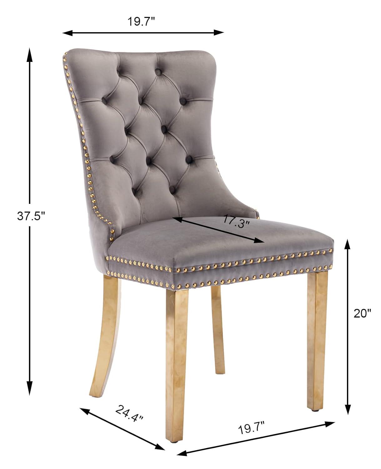 Grey Velvet Dining Chairs Set of 2, Upholstered Dining Room Chairs with Back Ring Pull Trim and Golden Stainless Steel Legs,Modern Kitchen Chairs for Dining Room,Living Room,Kitchen(Grey)