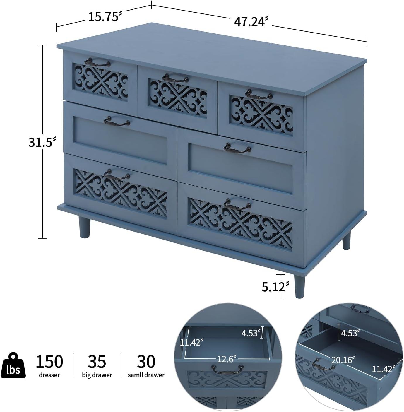 Sideboard Buffet Cabinet with Storage - Accent Storage Cabinet with Hollow Carved Pattern, Modern 2 Door 3 Drawer Cabinet, Farmhouse Wood Credenza for Living Room, Dining Room (Blue)
