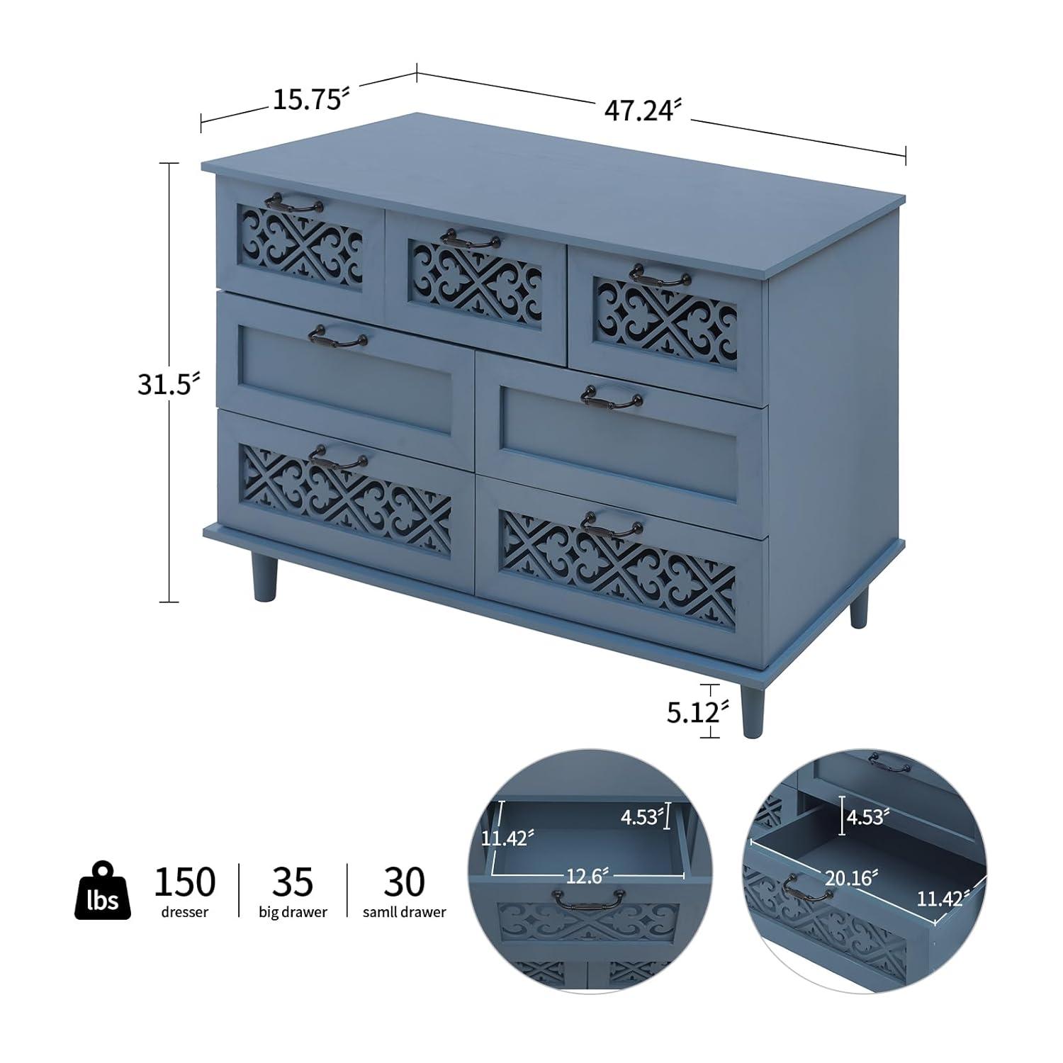 Sideboard Buffet Cabinet with Storage - Accent Storage Cabinet with Hollow Carved Pattern, Modern 2 Door 3 Drawer Cabinet, Farmhouse Wood Credenza for Living Room, Dining Room (Blue)