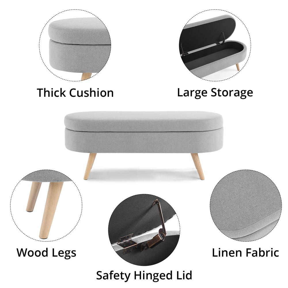 Sumdeal 43.5" Storage Ottoman Bench with 250lb Seating, Linen Upholstered Wood Legs Safety Hinge Flip Top Oval Foot Rest Long Stool for Sofa Couch Bedroom End of Bed Living Room Entryway, Grey