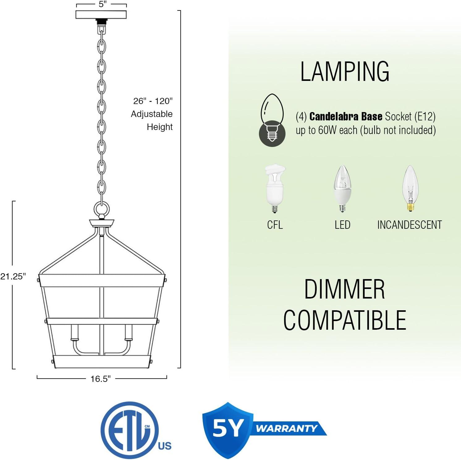 Kira Home Bowen 21" 4-Light Modern Farmhouse Pendant Chandelier, Adjustable Height, Fair Walnut Wood Style + Black