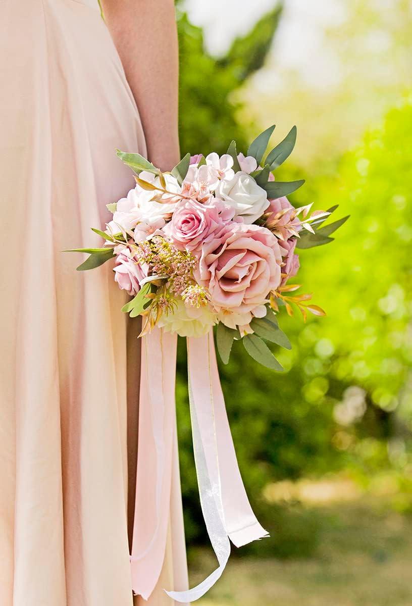 Ansofi Dusty Rose Wedding Bouquets for Bride Bridesmaid Artificial Silk Roses Flowers Tossing Bridal Bouquet for Wedding Ceremony Decor