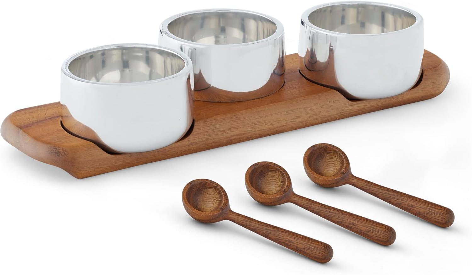 Clear Metal and Brown Wood Triple Condiment Server with Spoons