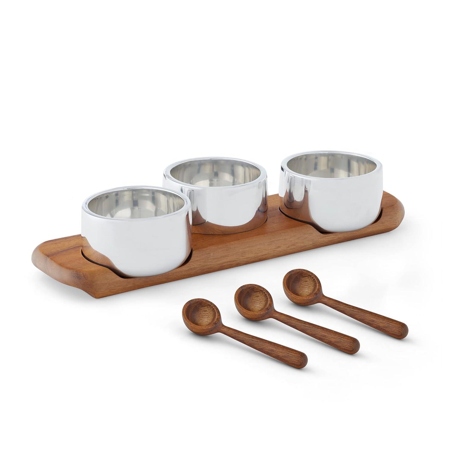 Clear Metal and Brown Wood Triple Condiment Server with Spoons
