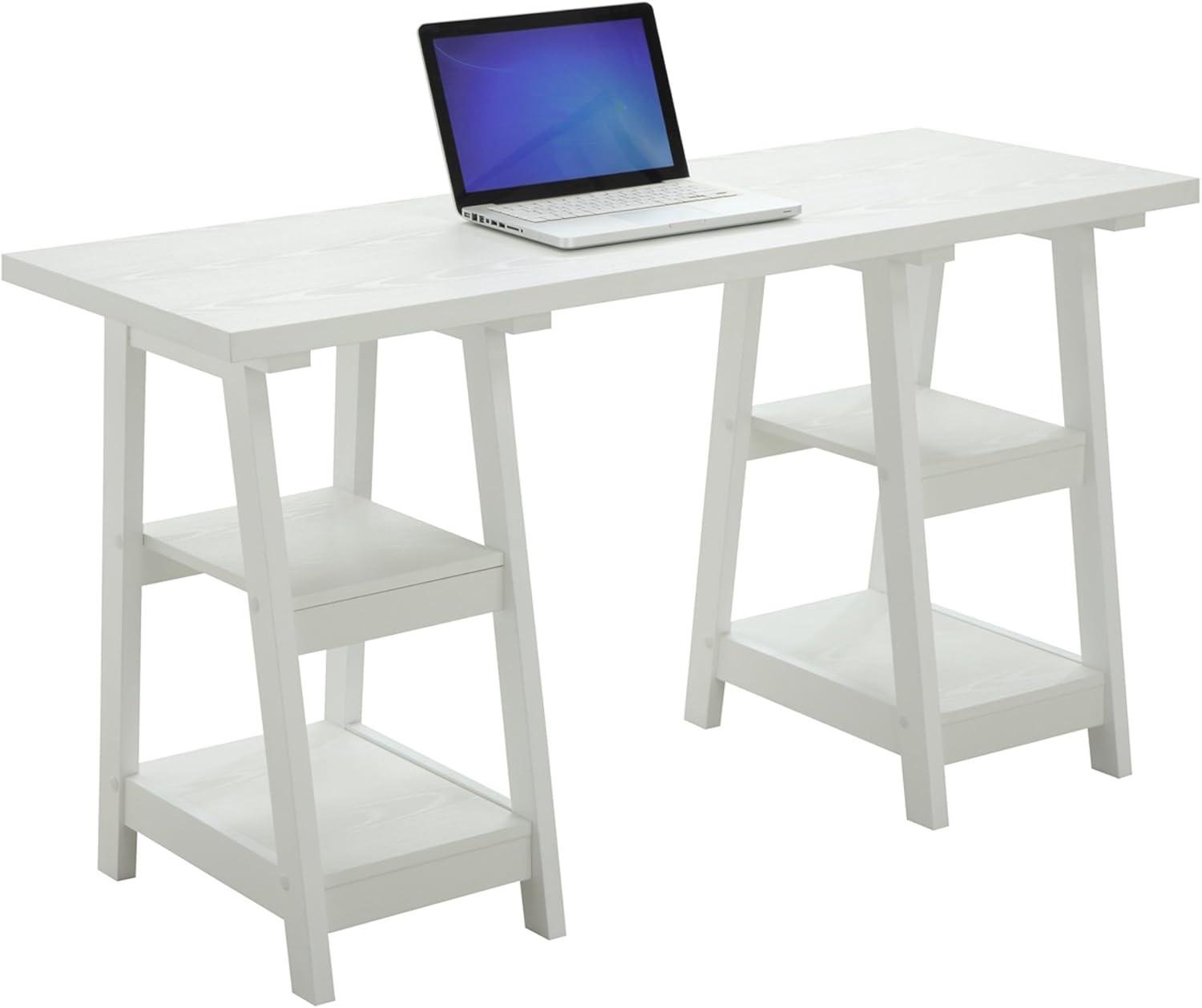 Convenience Concepts Designs2Go Double Trestle Desk with Shelves, White, All Ages