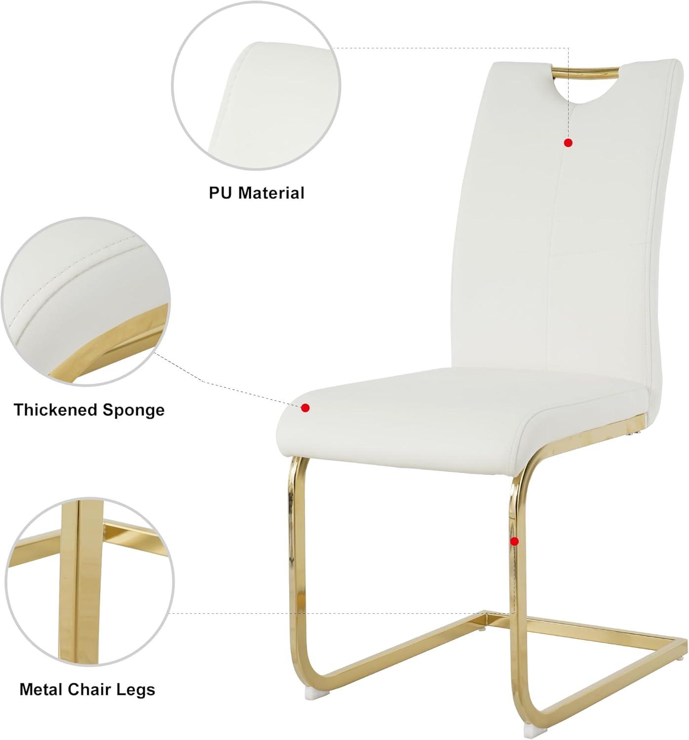 Modern White PU Leather Dining Set with Gold Base and Glass Top