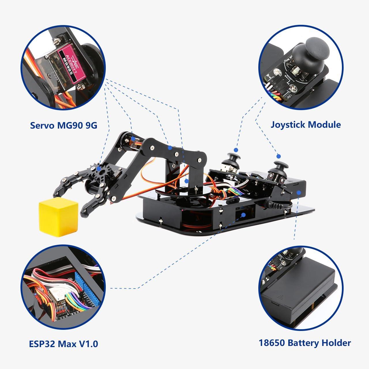 ACEBOTT 4 DOF ESP32 Programmable Robotic Arm Kit, Robotics Kit App Remote Control Robot Toys Compatible with Arduino, STEM Educational DIY Robot Arm Kit Gift for Teenagers & Adults