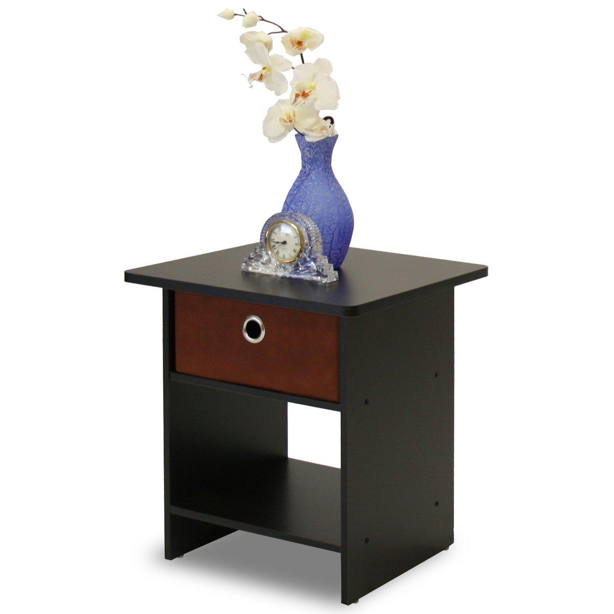 Furinno 10004 End Table / Nightstand Storage Shelf with Bin Drawer, Dark Espresso/Brown