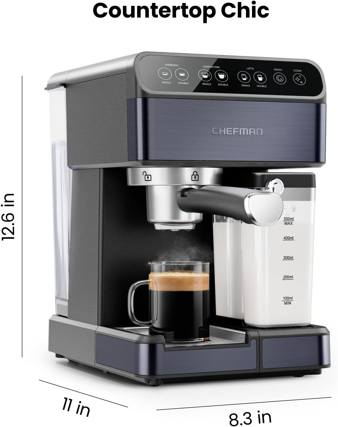 Chefman Barista Pro Plus Espresso Machine w/ Milk Frother, 20 Bar Pump, Black Stainless Steel