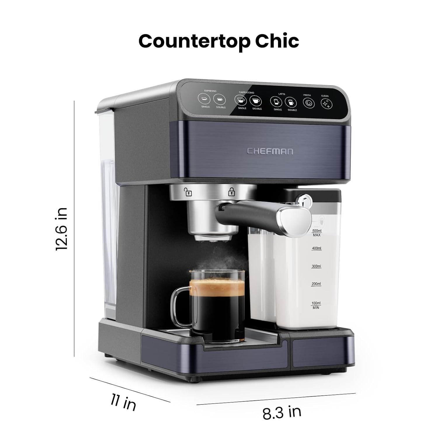Chefman Barista Pro Plus Espresso Machine w/ Milk Frother, 20 Bar Pump, Black Stainless Steel