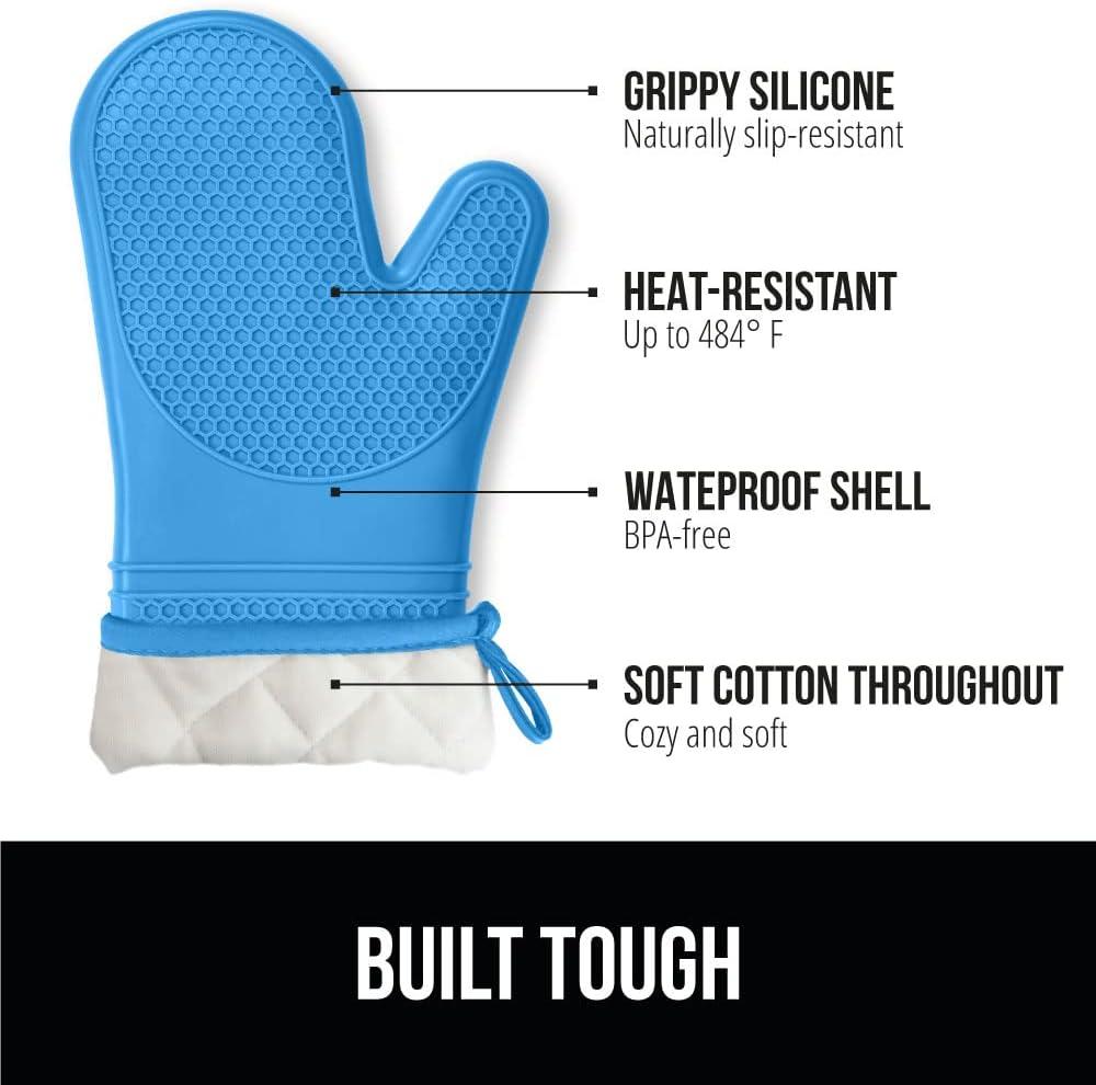 Gorilla Grip Heat and Slip Resistant Silicone Oven Mitts, Waterproof, BPA-Free Cotton-Lined Mitt Set of 2, 12.5 IN, Aqua