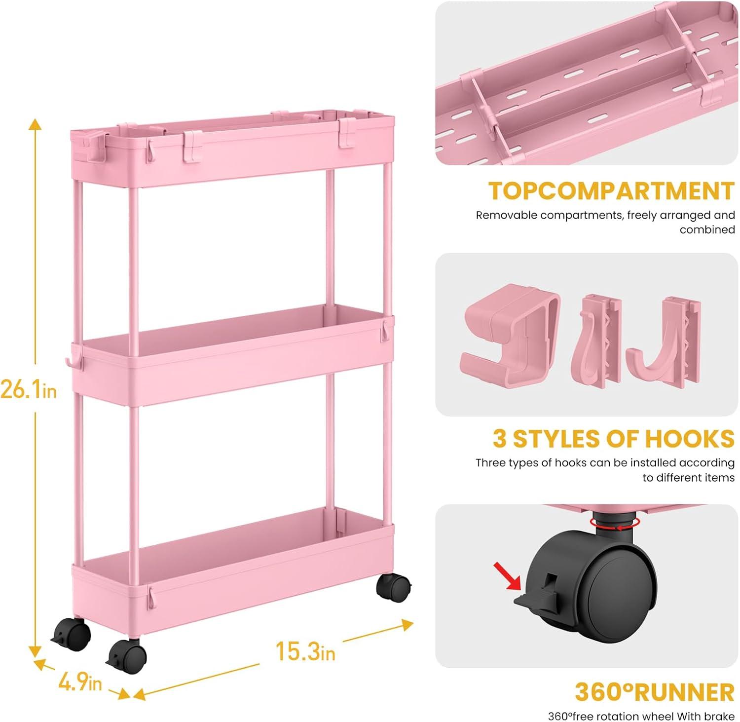 Slim Storage Cart,3 Tier Bathroom Rolling Utility Cart Storage Organizer Slide Out Cart, Mobile Shelving Unit Organizer Trolley for Office Bathroom Kitchen Laundry Room Narrow Places, Pink