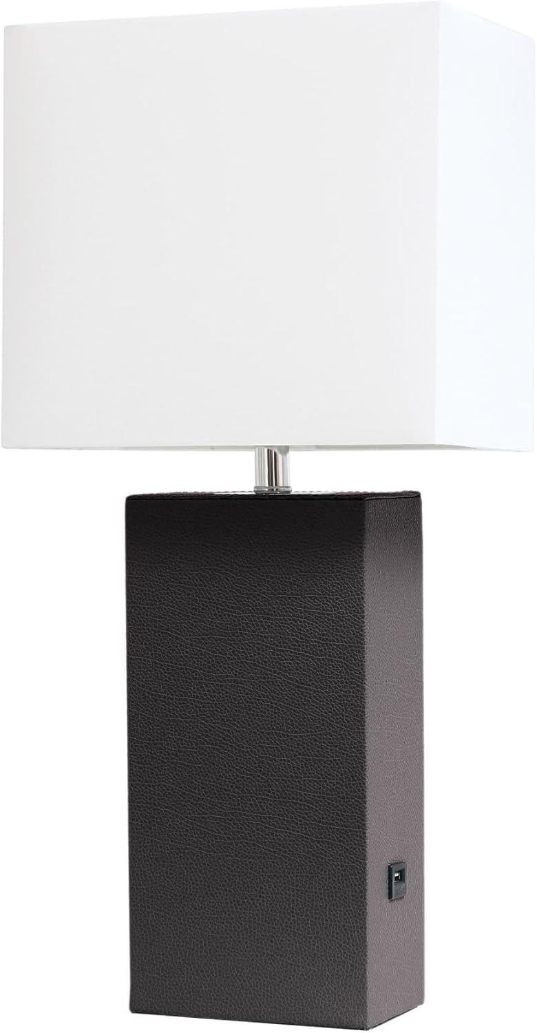 Modern Brown Leather Table Lamp with USB and White Fabric Shade