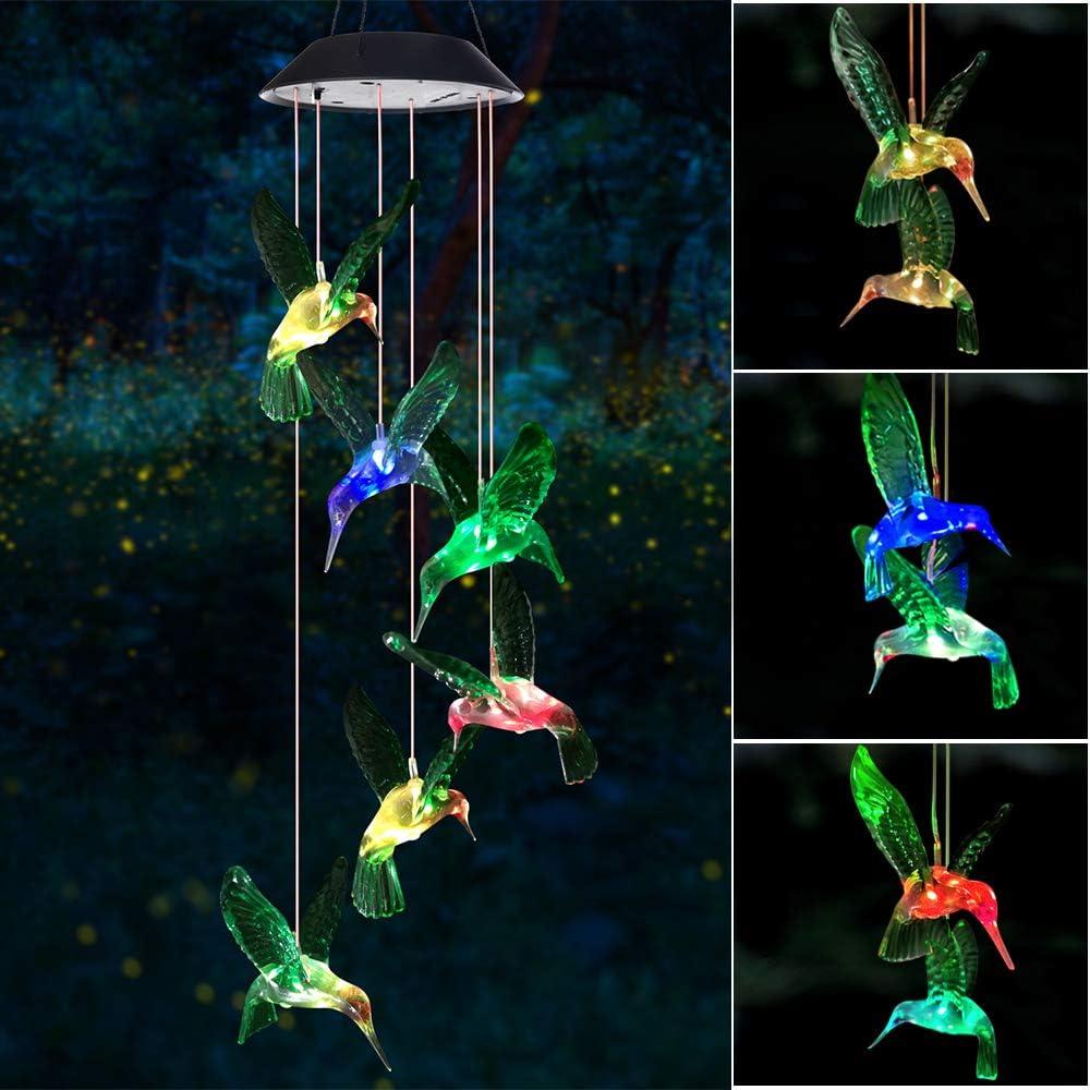 Solar-Powered Multicolor Hummingbird Wind Chimes for Outdoor Decor