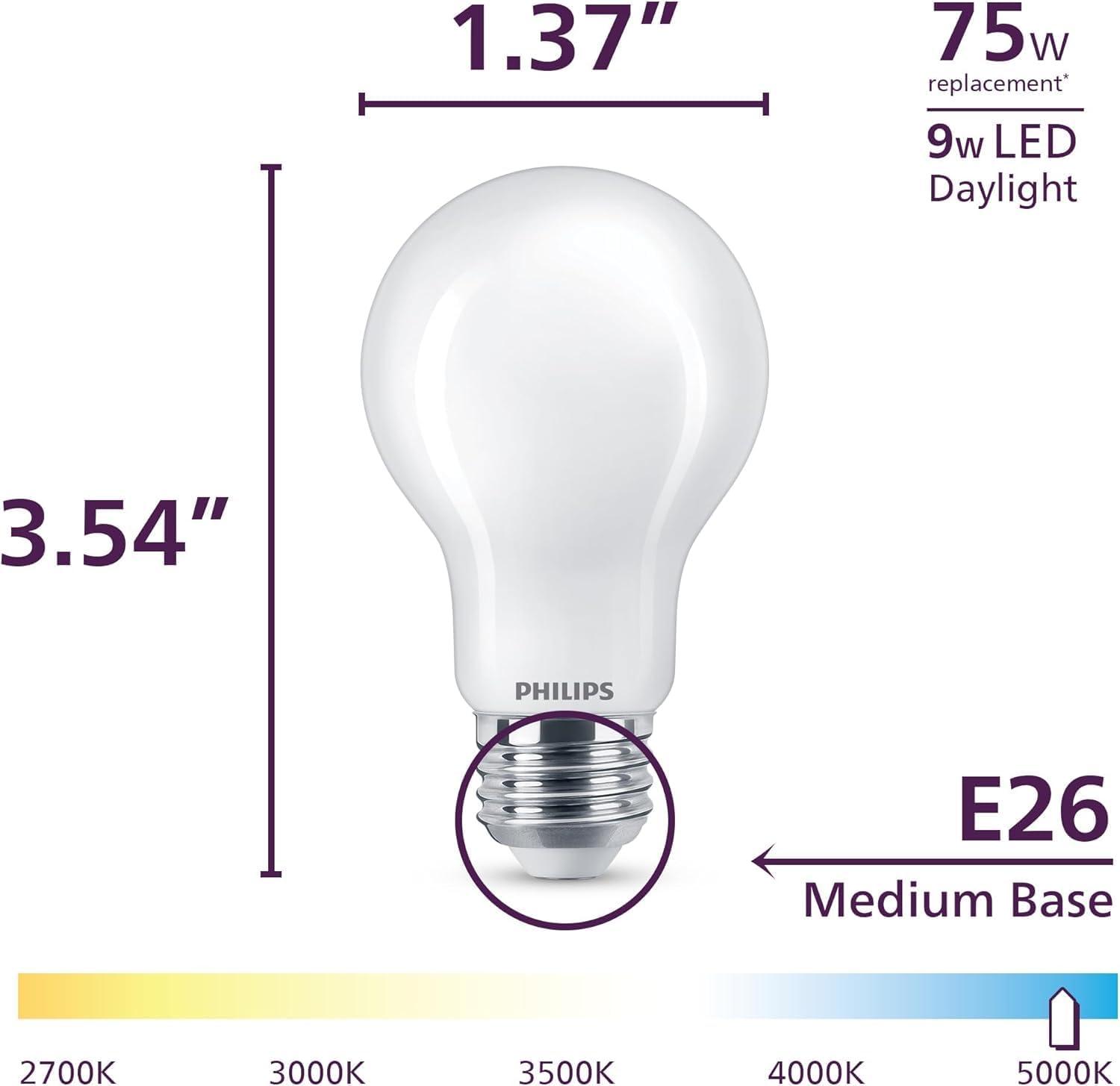 Philips UltraDef LED 60W Frosted Daylight A19 4P: Energy Star Certified Dimmable Light Bulbs, 800 Lumens, 13.7-Year Life