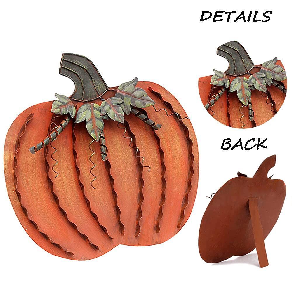 18" Orange Metal Pumpkin Decor with Leaves and Spirals