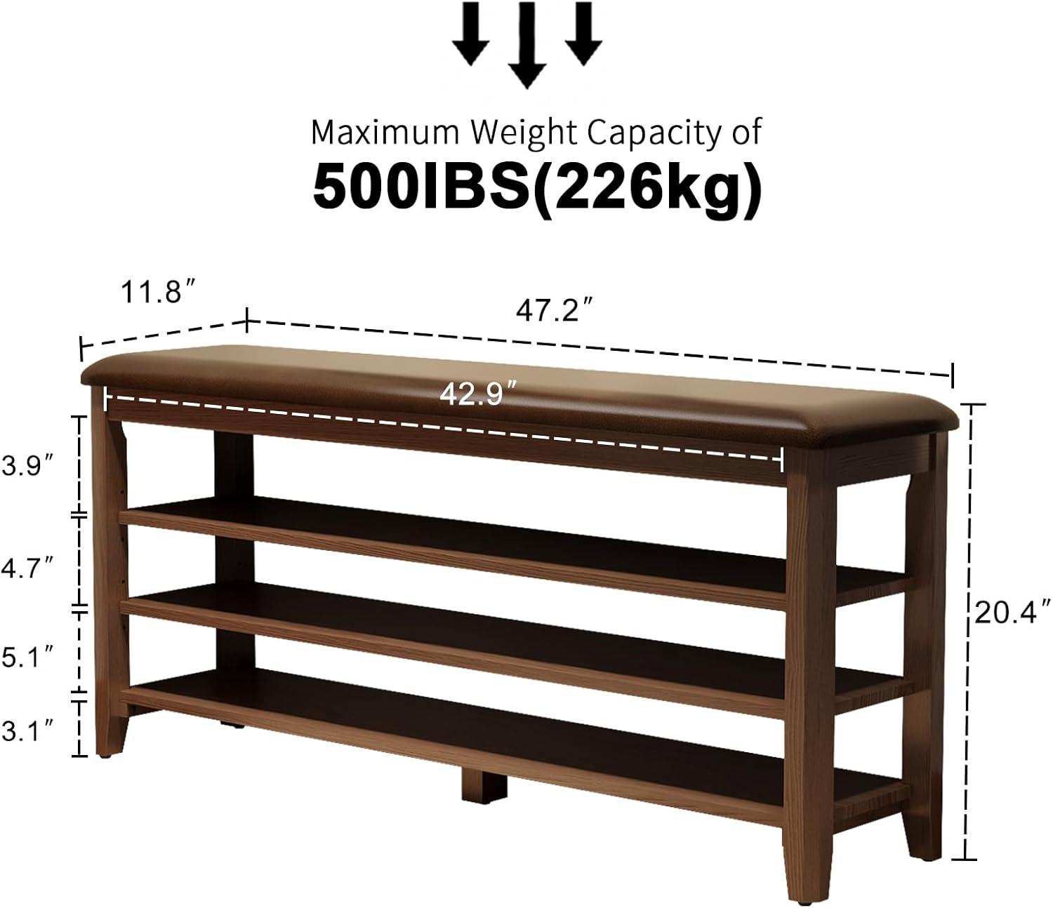 Shoe Bench with Leather Cushion, 3 Tiers Shoe Storage Bench, Walnut Wood Entryway Bench