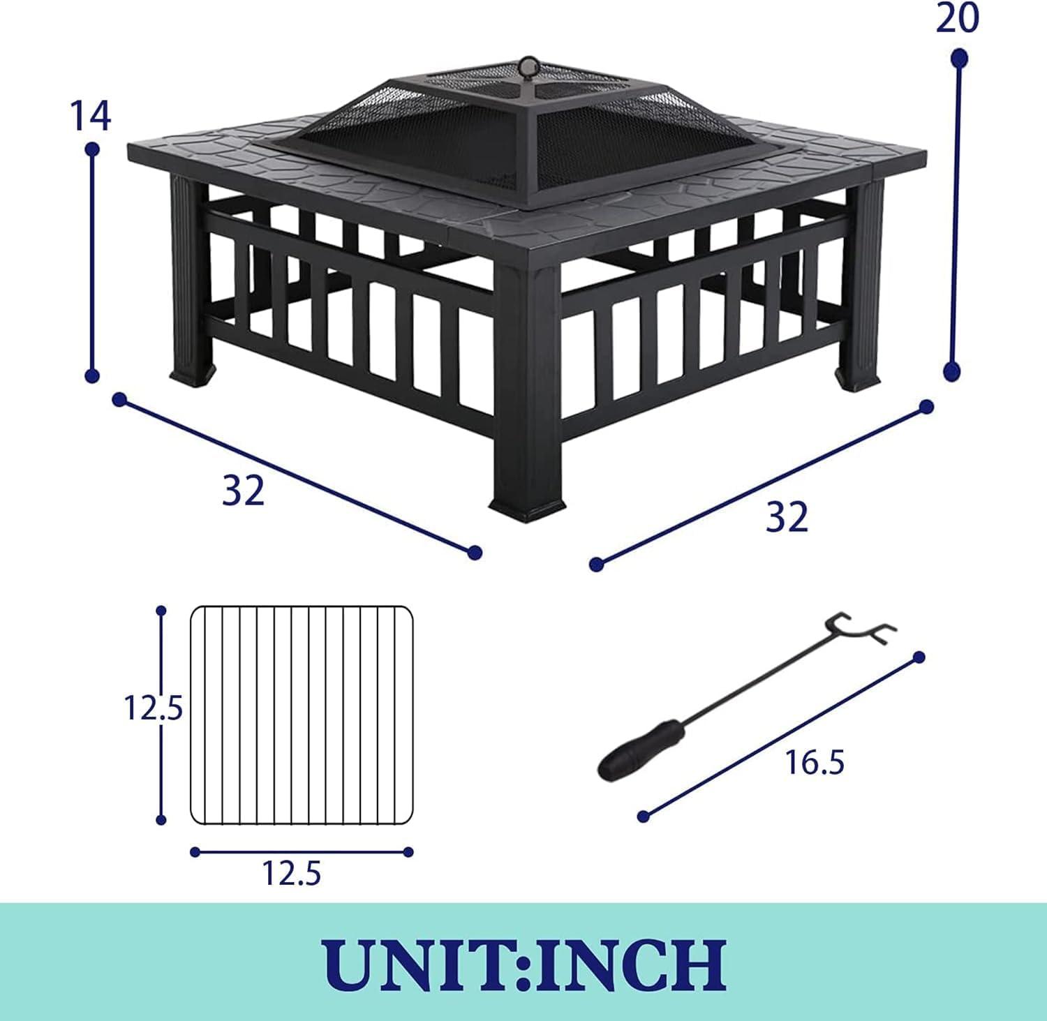 32-Inch Black Metal Fire Pit Table with Mesh Cover and Poker