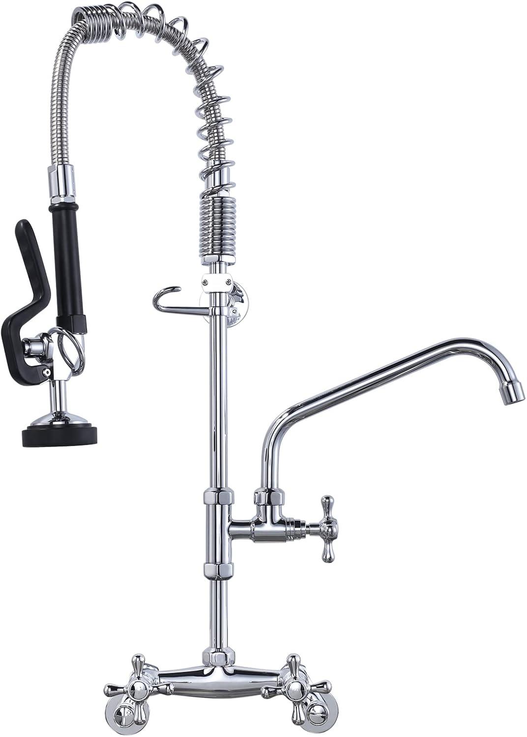 26 in. Commercial 3-Handle Pull Down Kitchen Faucet Wall Mount with Pre Rinse Sprayer in Chrome